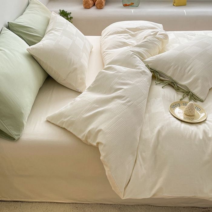 91家纺网 家纺一手货源 找家纺 玛奇朵 2023新品60S华夫格提花系带款-迪欧雅系列 迪欧雅-奶油白