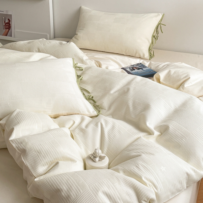 91家纺网 家纺一手货源 找家纺 玛奇朵 2023新品60S华夫格提花系带款-迪欧雅系列 迪欧雅-奶油白