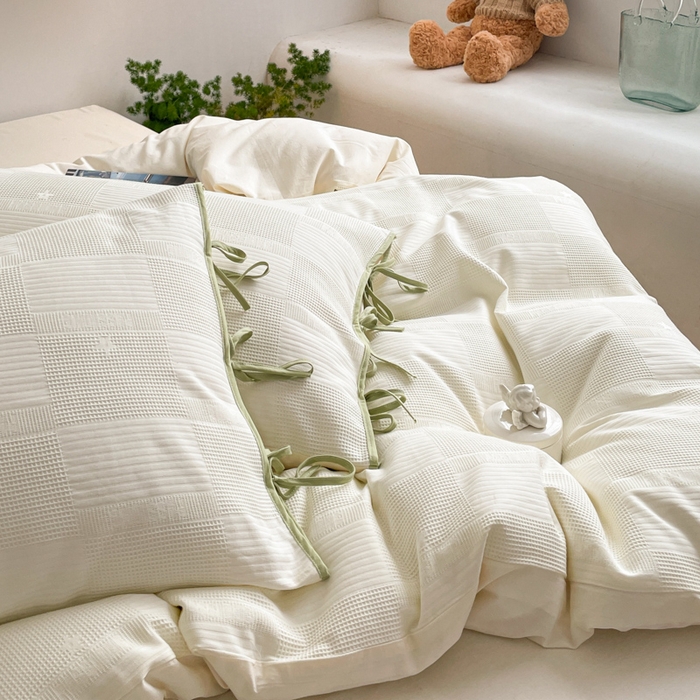 91家纺网 家纺一手货源 找家纺 玛奇朵 2023新品60S华夫格提花系带款-迪欧雅系列 迪欧雅-奶油白