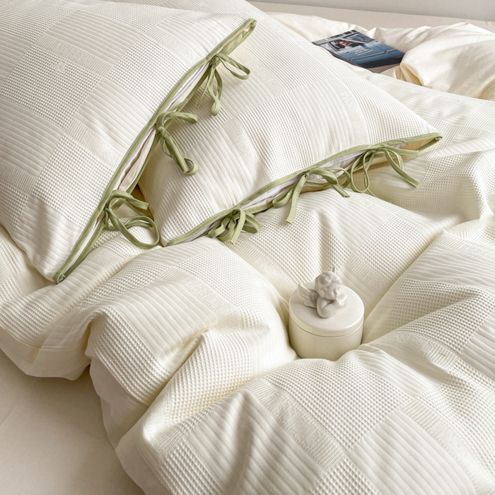 91家纺网 家纺一手货源 找家纺 玛奇朵 2023新品60S华夫格提花系带款-迪欧雅系列 迪欧雅-奶油白