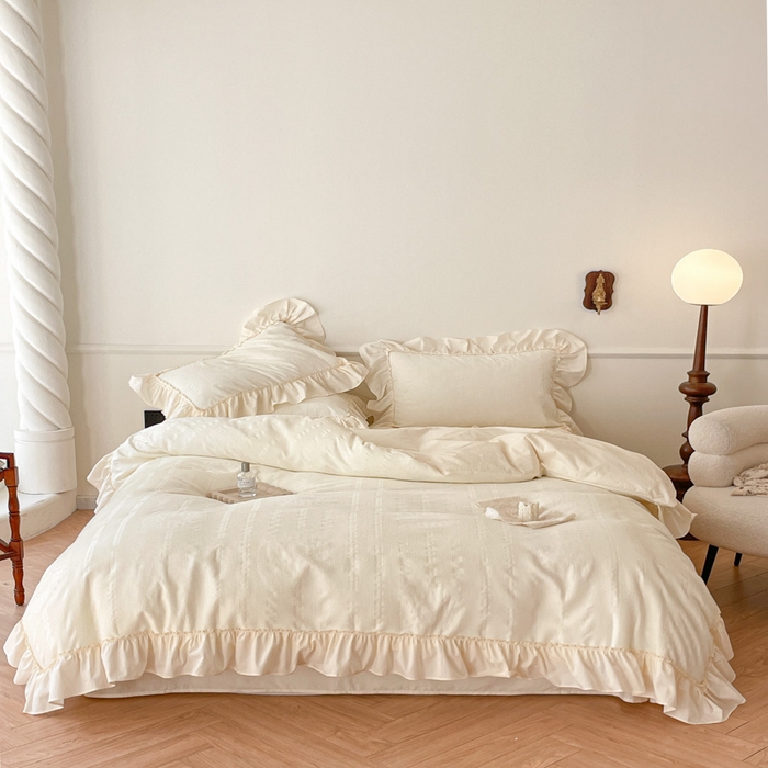 91家纺网 家纺一手货源 找家纺 （总）玛奇朵 2023新品法式浪漫荷叶边60S华夫格大提花-凯伦系列