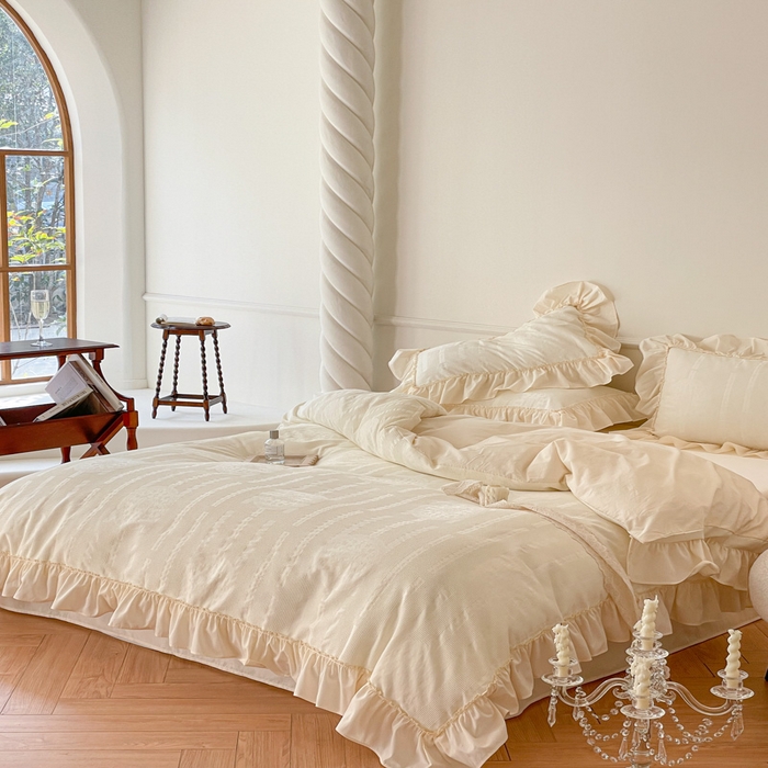 91家纺网 家纺一手货源 找家纺 （总）玛奇朵 2023新品法式浪漫荷叶边60S华夫格大提花-凯伦系列