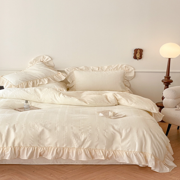 91家纺网 家纺一手货源 找家纺 玛奇朵 2023新品法式浪漫荷叶边60S华夫格大提花-凯伦系列 凯伦-白