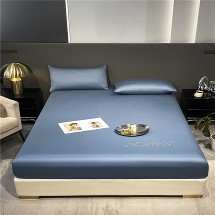 古吉梦2024新款S刺绣A类抗菌防螨-冰丝床笠三件套 S刺绣-宾利蓝