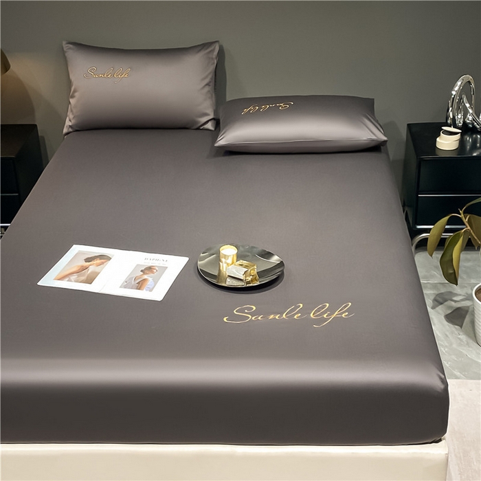 91家纺网 家纺一手货源 找家纺 古吉梦2024新款S刺绣A类抗菌防螨-冰丝床笠三件套 S刺绣-高级灰