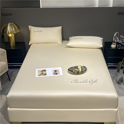 古吉梦2024新款S刺绣A类抗菌防螨-冰丝床笠三件套 S刺绣-奶昔白