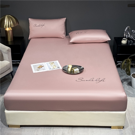 古吉梦2024新款S刺绣A类抗菌防螨-冰丝床笠三件套 S刺绣-藕粉