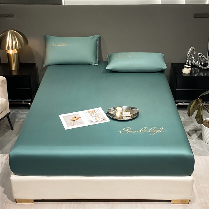 91家纺网 家纺一手货源 找家纺 古吉梦2024新款S刺绣A类抗菌防螨-冰丝床笠三件套 S刺绣-浅石兰