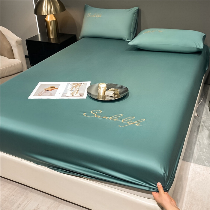 91家纺网 家纺一手货源 找家纺 古吉梦2024新款S刺绣A类抗菌防螨-冰丝床笠三件套 S刺绣-浅石兰