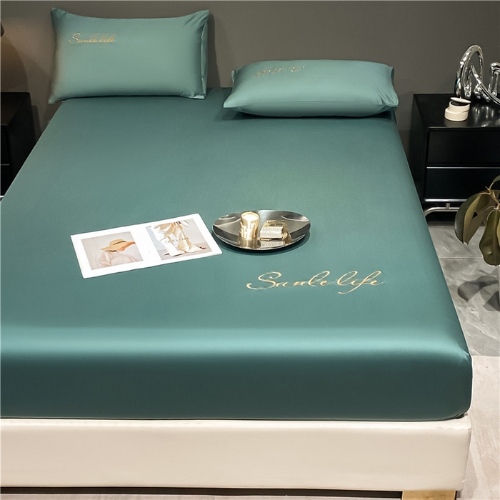 91家纺网 家纺一手货源 找家纺 古吉梦2024新款S刺绣A类抗菌防螨-冰丝床笠三件套 S刺绣-浅石兰