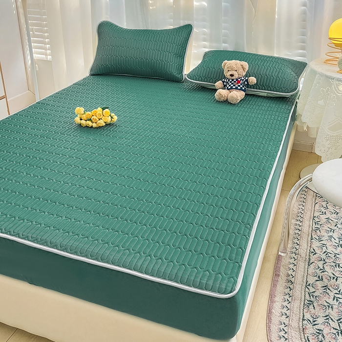 91家纺网 家纺一手货源 找家纺 民新家纺 2023新款乳胶凉席床笠款 墨绿