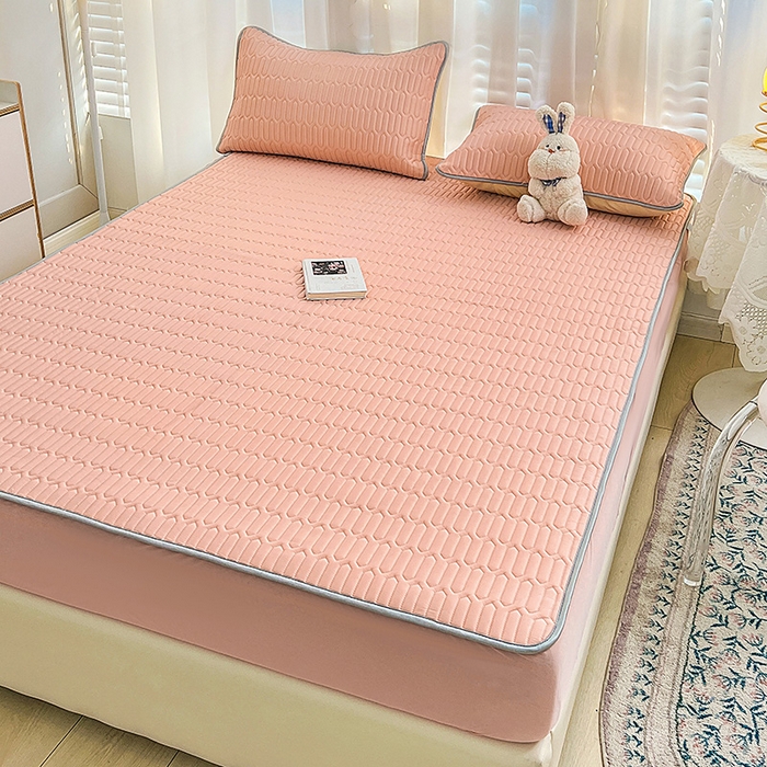 91家纺网 家纺一手货源 找家纺 民新家纺 2023新款乳胶凉席床笠款 粉玉色