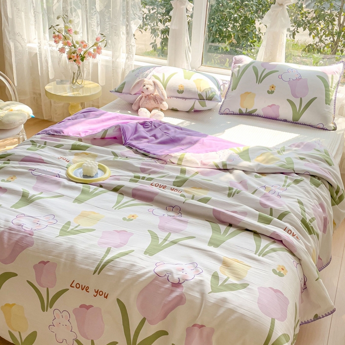 91家纺网 家纺一手货源 找家纺 海岛哥哥 2023新款A类印花水洗双层纱贝壳绣单夏被 郁金香紫-夏被