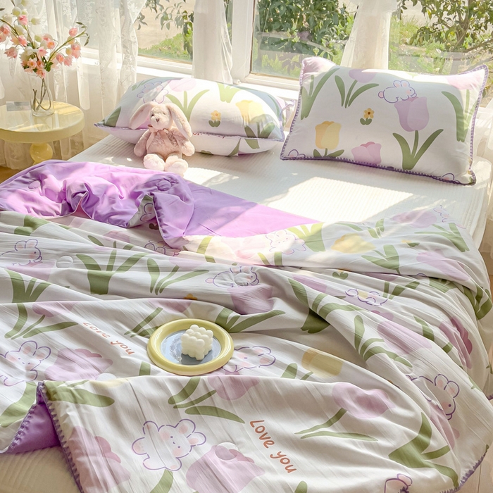 91家纺网 家纺一手货源 找家纺 海岛哥哥 2023新款A类印花水洗双层纱贝壳绣单夏被 郁金香紫-夏被