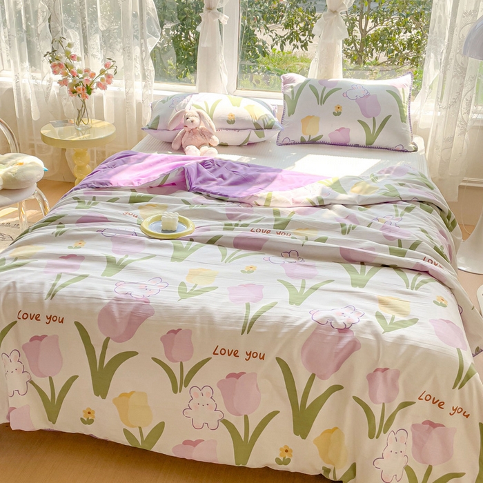 91家纺网 家纺一手货源 找家纺 海岛哥哥 2023新款A类印花水洗双层纱贝壳绣单夏被 郁金香紫-夏被