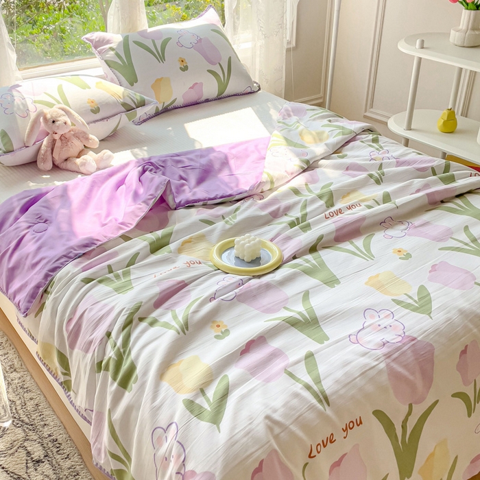 91家纺网 家纺一手货源 找家纺 海岛哥哥 2023新款A类印花水洗双层纱贝壳绣单夏被 郁金香紫-夏被