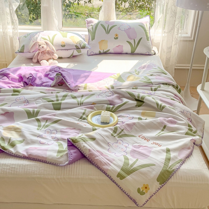 91家纺网 家纺一手货源 找家纺 海岛哥哥 2023新款A类印花水洗双层纱贝壳绣单夏被 郁金香紫-夏被