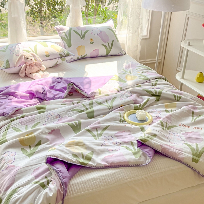 91家纺网 家纺一手货源 找家纺 海岛哥哥 2023新款A类印花水洗双层纱贝壳绣单夏被 郁金香紫-夏被