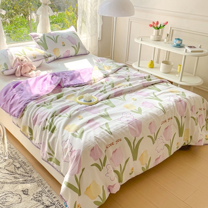 91家纺网 家纺一手货源 找家纺 海岛哥哥 2023新款A类印花水洗双层纱贝壳绣单夏被 郁金香紫-夏被