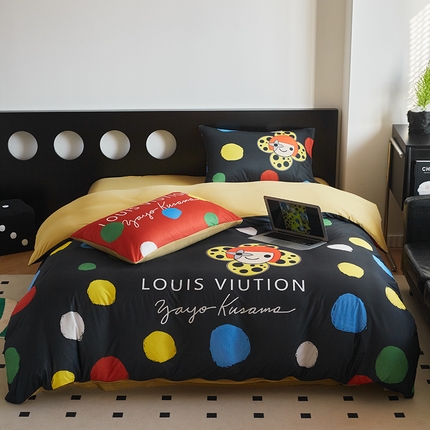 91家纺网 家纺一手货源 找家纺 色鬼 2023新款针织棉数码印花波点系列四件套 波点黑