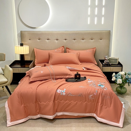 91家纺网 家纺一手货源 找家纺 帝菲妮 2025新款国潮风刺绣夏被四件套-如意系列 如意-橘色