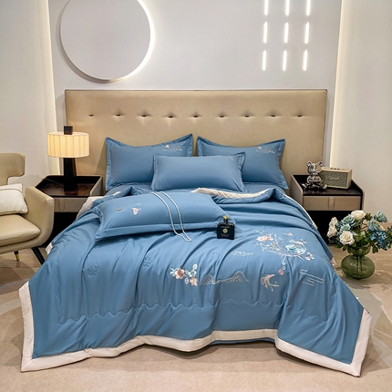91家纺网 家纺一手货源 找家纺 帝菲妮 2025新款国潮风刺绣夏被四件套-如意系列 如意-月影蓝