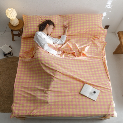  西西家居2023新款日系色织水洗棉睡袋 粉黄格