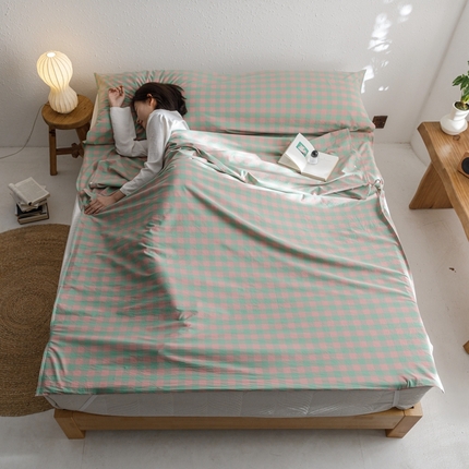 西西家居2023新款日系色织水洗棉睡袋 粉绿格