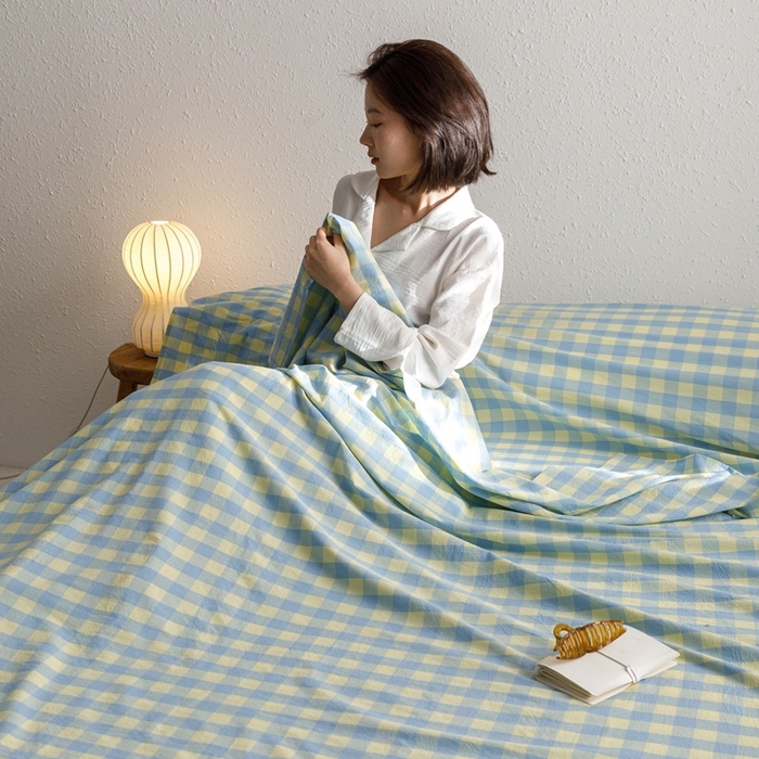 91家纺网 家纺一手货源 找家纺  西西家居2023新款日系色织水洗棉睡袋 蓝黄格