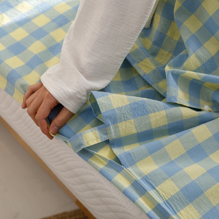 91家纺网 家纺一手货源 找家纺  西西家居2023新款日系色织水洗棉睡袋 蓝黄格