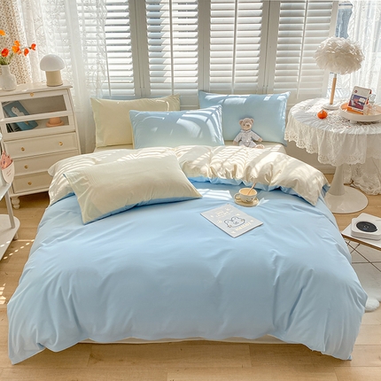 91家纺网 家纺一手货源 找家纺 盼季家纺 2023新款纯色双拼简约水洗棉四件套 蓝芝士双拼