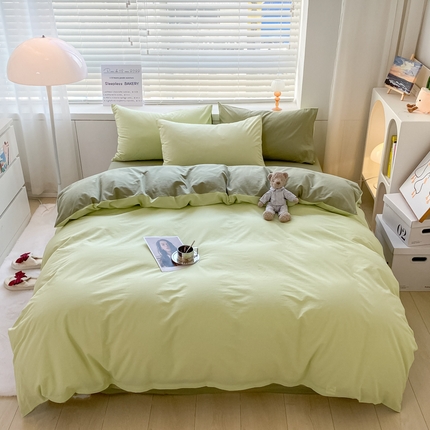 91家纺网 家纺一手货源 找家纺 盼季家纺 2023新款纯色双拼简约水洗棉四件套 果绿深绿-双拼