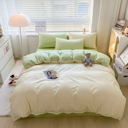 91家纺网 家纺一手货源 找家纺 盼季家纺 2023新款纯色双拼简约水洗棉四件套 芝士果绿-双拼