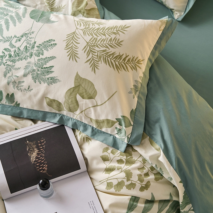 91家纺网 家纺一手货源 找家纺 千朵森 2024新款全棉长绒棉拼角款印花四件套  绿茵