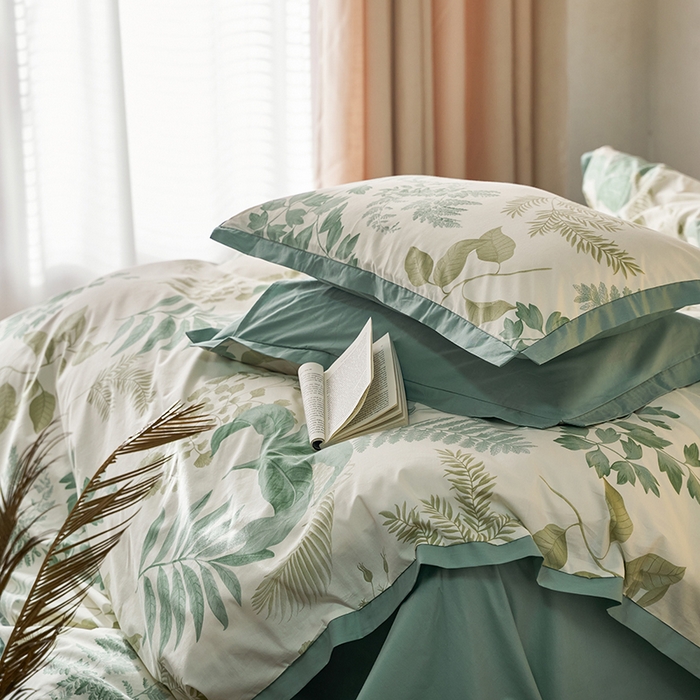 91家纺网 家纺一手货源 找家纺 千朵森 2024新款全棉长绒棉拼角款印花四件套  绿茵