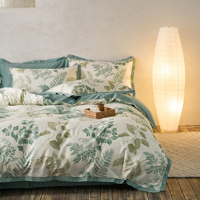 91家纺网 家纺一手货源 找家纺 千朵森 2024新款全棉长绒棉拼角款印花四件套  绿茵