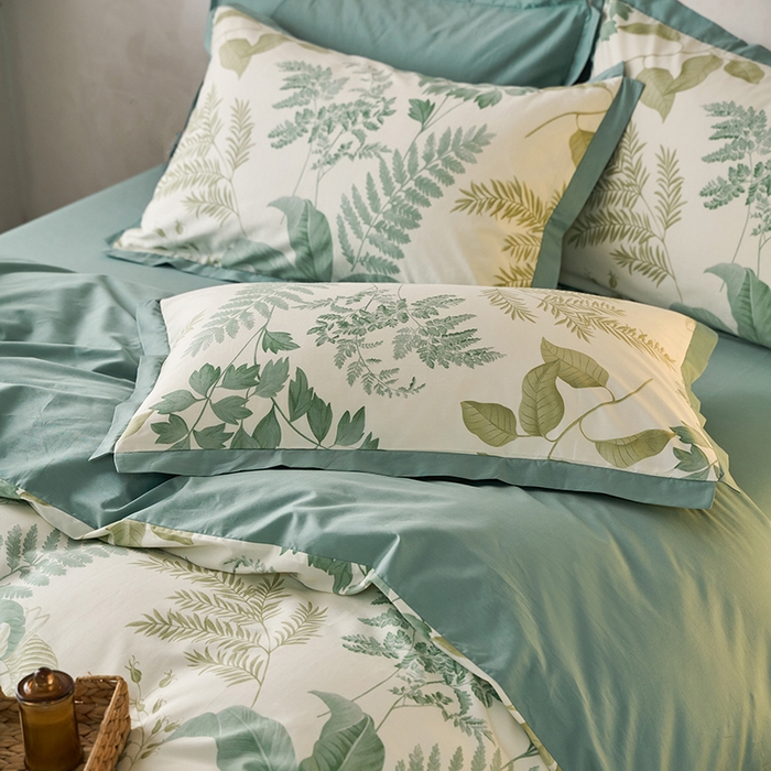 91家纺网 家纺一手货源 找家纺 千朵森 2024新款全棉长绒棉拼角款印花四件套  绿茵