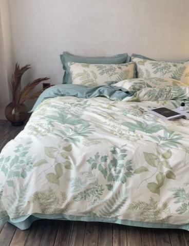 91家纺网 家纺一手货源 找家纺 千朵森 2024新款全棉长绒棉拼角款印花四件套  绿茵