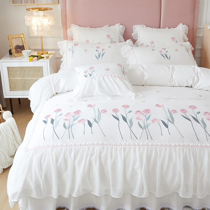 91家纺网 家纺一手货源 找家纺 （总）亲亲公主2025新款全棉韩版绣花韩版公主风蕾丝四件套-郁金香