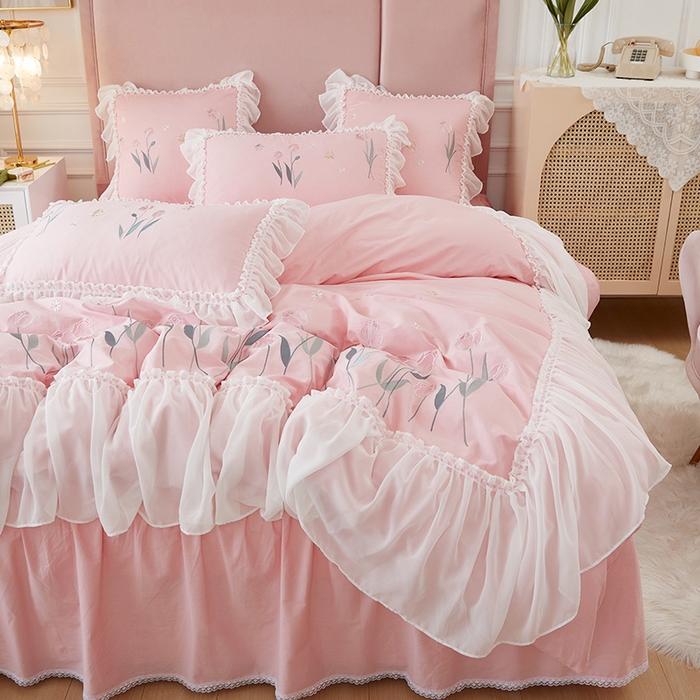 91家纺网 家纺一手货源 找家纺 亲亲公主2025新款全棉韩版绣花韩版公主风蕾丝四件套-郁金香粉色