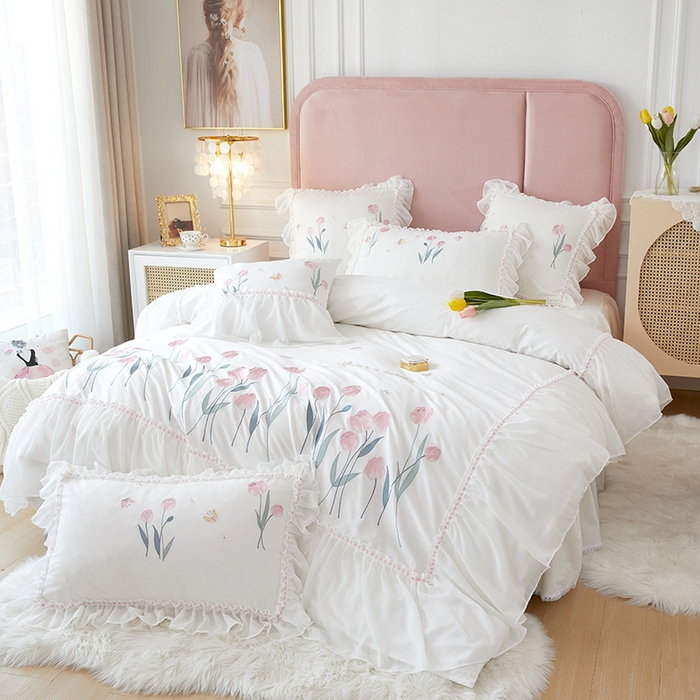 91家纺网 家纺一手货源 找家纺 亲亲公主2025新款全棉韩版绣花韩版公主风蕾丝四件套-郁金香白色