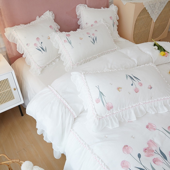 91家纺网 家纺一手货源 找家纺 （总）亲亲公主2025新款全棉韩版绣花韩版公主风蕾丝四件套-郁金香