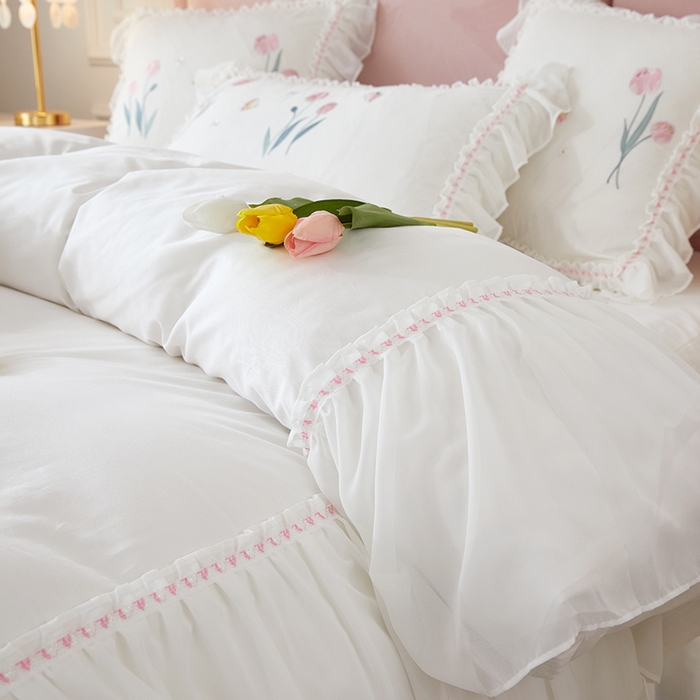 91家纺网 家纺一手货源 找家纺 （总）亲亲公主2025新款全棉韩版绣花韩版公主风蕾丝四件套-郁金香