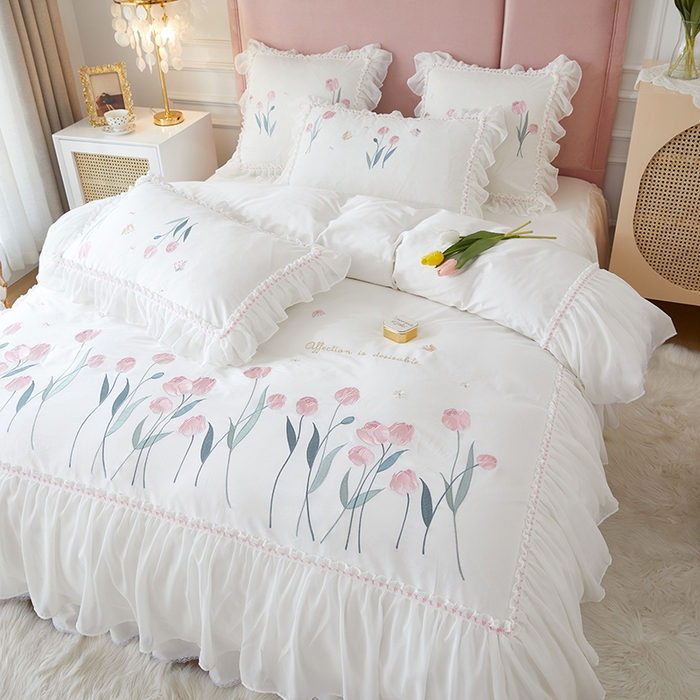 91家纺网 家纺一手货源 找家纺 亲亲公主2025新款全棉韩版绣花韩版公主风蕾丝四件套-郁金香白色