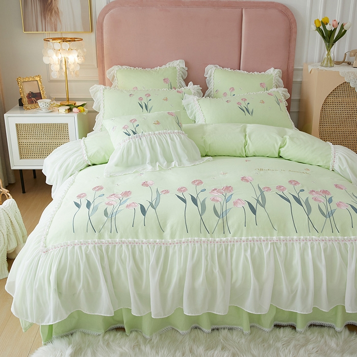 91家纺网 家纺一手货源 找家纺 亲亲公主2025新款全棉韩版绣花韩版公主风蕾丝四件套-郁金香绿色