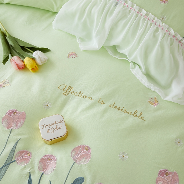 91家纺网 家纺一手货源 找家纺 亲亲公主2025新款全棉韩版绣花韩版公主风蕾丝四件套-郁金香绿色