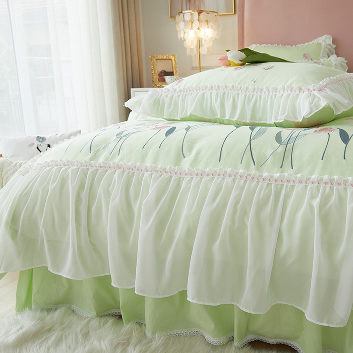 91家纺网 家纺一手货源 找家纺 亲亲公主2025新款全棉韩版绣花韩版公主风蕾丝四件套-郁金香绿色