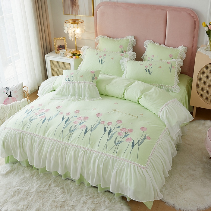 91家纺网 家纺一手货源 找家纺 亲亲公主2025新款全棉韩版绣花韩版公主风蕾丝四件套-郁金香绿色