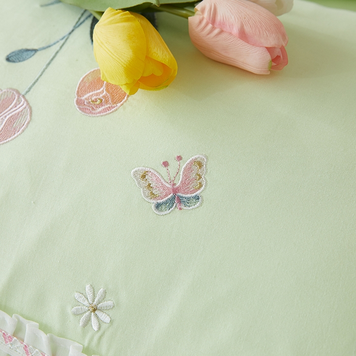 91家纺网 家纺一手货源 找家纺 亲亲公主2025新款全棉韩版绣花韩版公主风蕾丝四件套-郁金香绿色