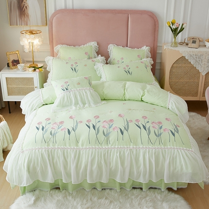 91家纺网 家纺一手货源 找家纺 亲亲公主2025新款全棉韩版绣花韩版公主风蕾丝四件套-郁金香绿色